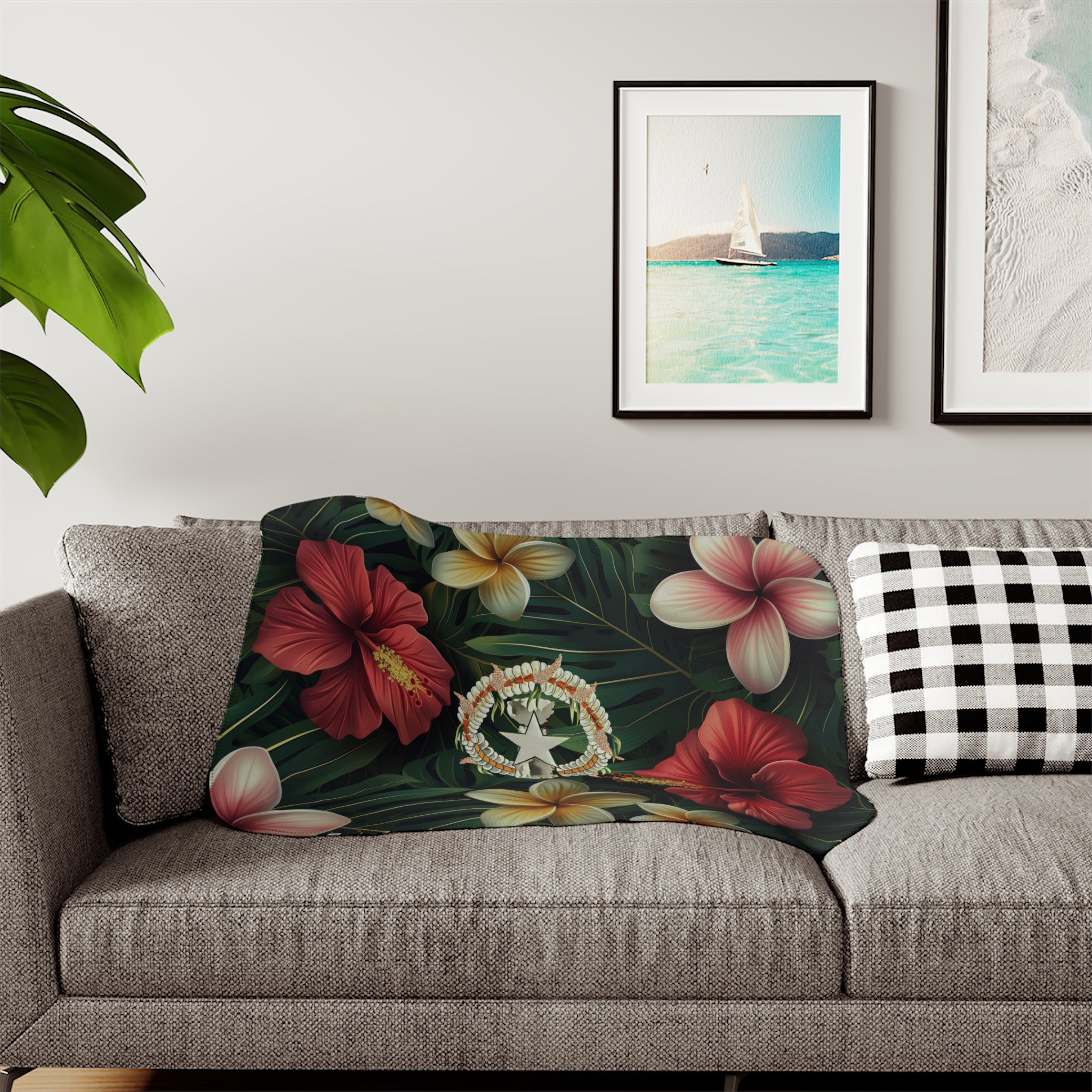 CNMI Seal Hibiscus Paradise Woven Throw Blanket Saipan Tinian Rota Guam Chamorro Marianas - Marianas Shop